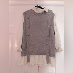 BNWOT Boutique Gray vest with attached white shirt w ruffle wristband/ gold